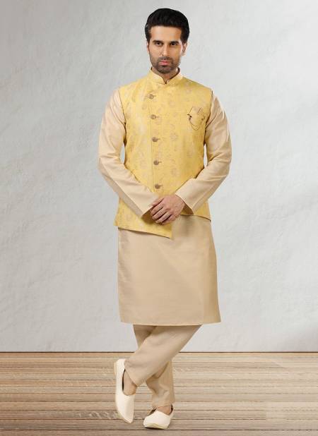 Yellow Colour Latest Party Wear Jacquard Banarasi Silk Digital Print Kurta Pajama With Jacket Mens Collection 1043